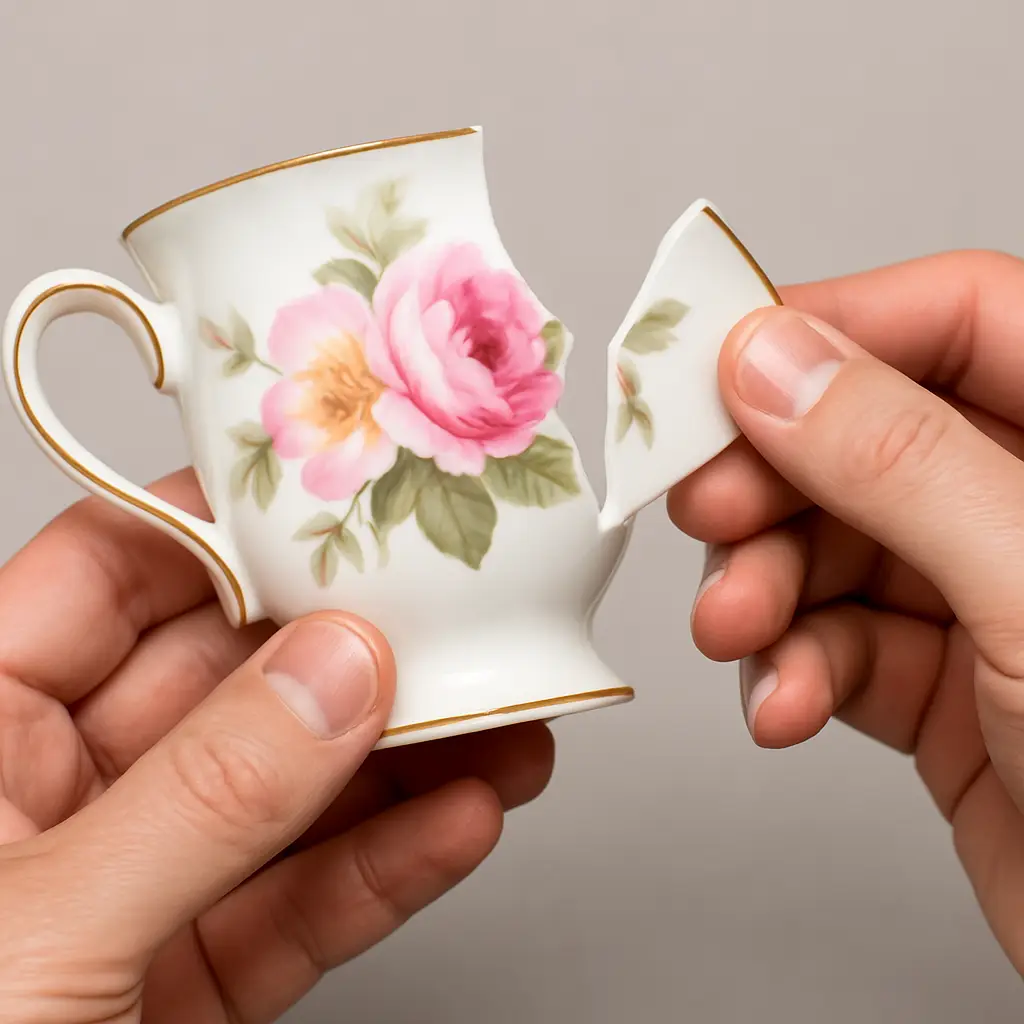 Hands carefully holding broken ceramic pottery pieces, representing the idea of antique repair.