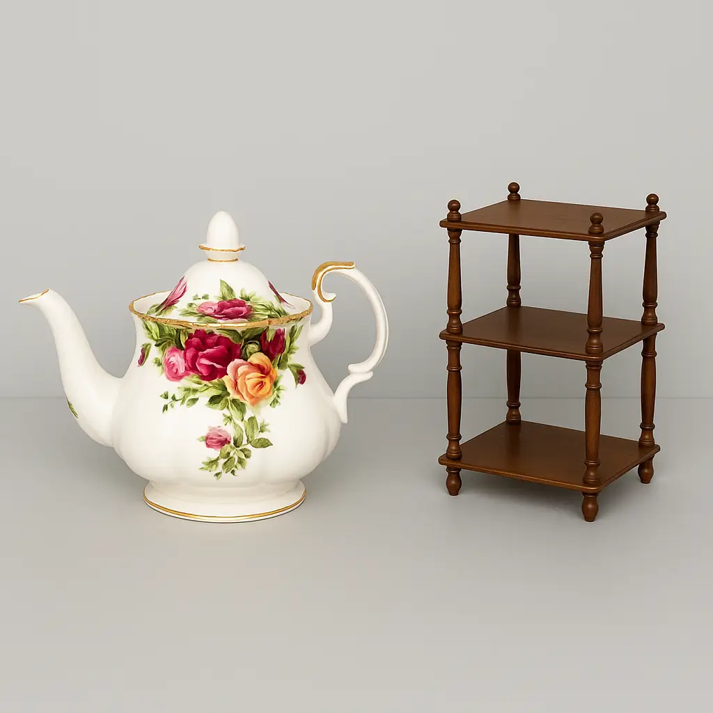 A floral Royal Albert teapot and a three-tier mahogany what-not shelf displayed side by side to illustrate the difference between collectable and decorative items.