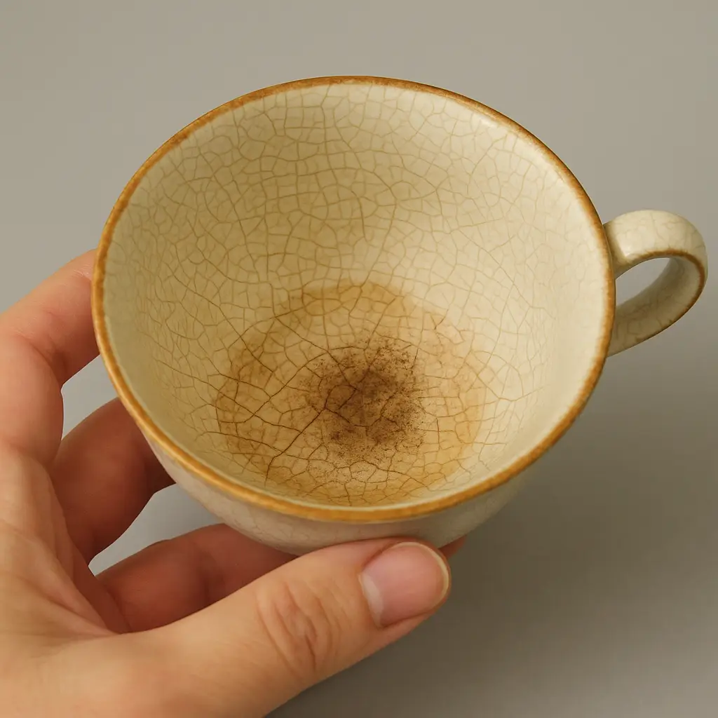 Hand holding an antique china plate with visible crazing and staining, showing typical signs of age and wear